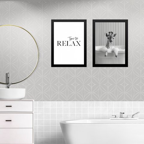 Kit 2 Quadros Banheiro Girafinha - Time To Relax 45x34cm:moldura Preta