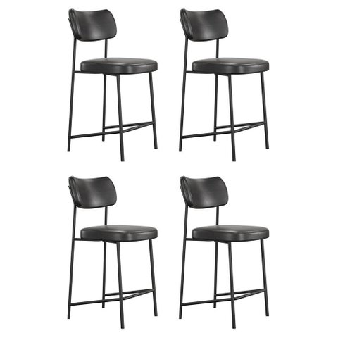Kit 04 Banquetas Médias para Cozinha Lila Estofada com Encosto Couríssimo Preto - Abmaza