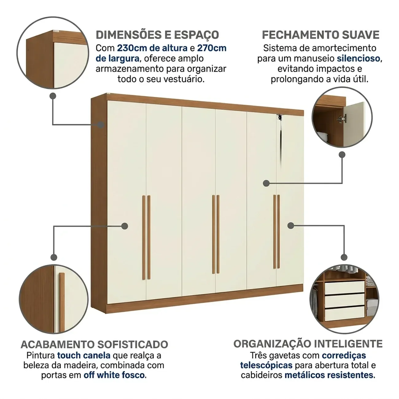 Ver imagem 5 de Guarda Roupa Casal 6 Portas 3 Gavetas Bigger Prime Canela/Off White