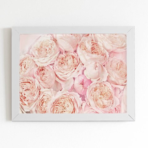 Quadro Peônia Rosa Bege Pêssego Flor Moldura Branca 60x40cm