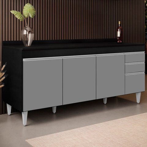 Balcão Gabinete 180cm com Tampo Dallas Preto/cinza - Lumil Lumil Móveis