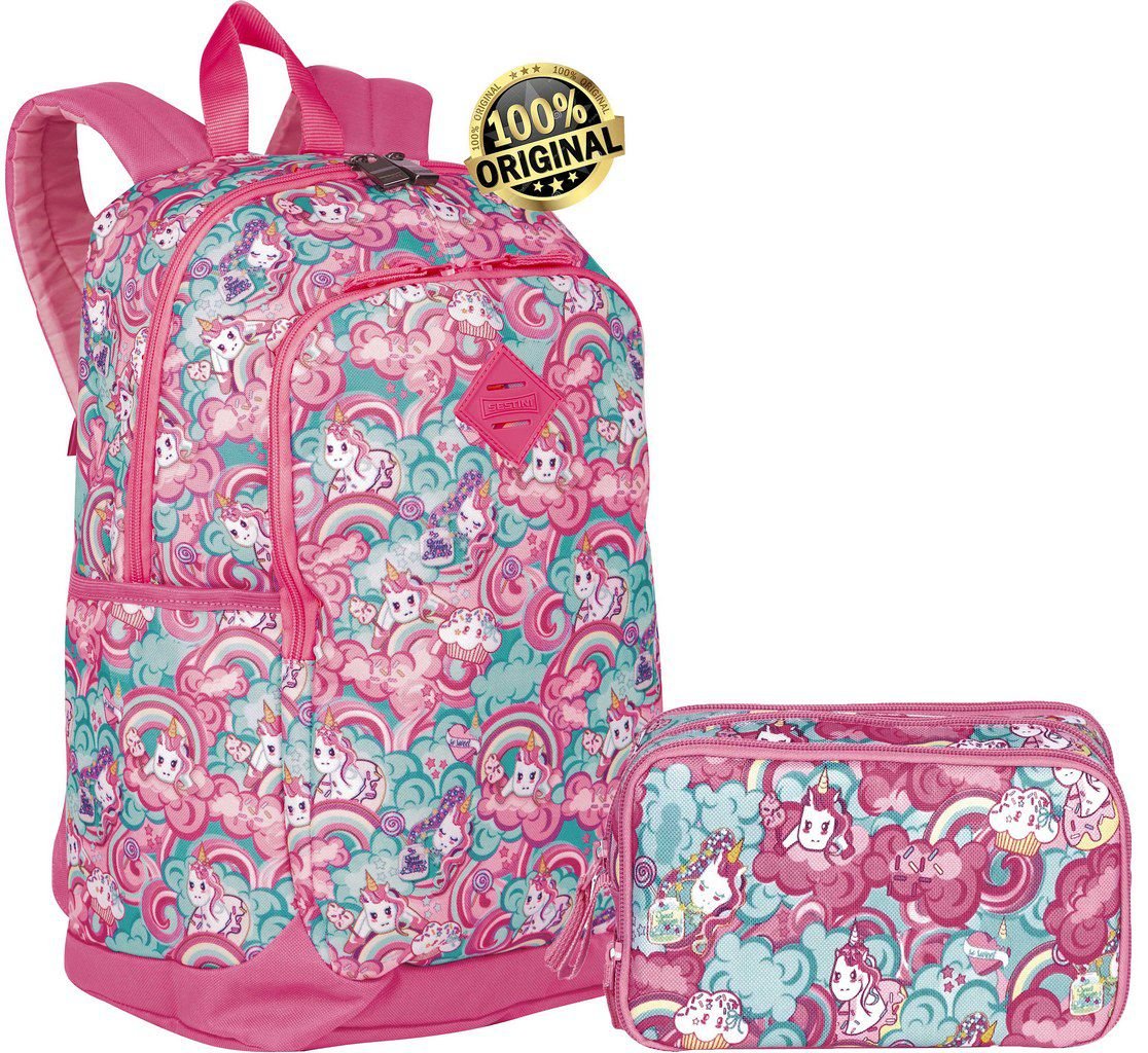 Kit Conjunto Mochila Escolar Feminina Antifurto Notebook Impermeável Juvenil Costas Unicórnio Rosa R - 1