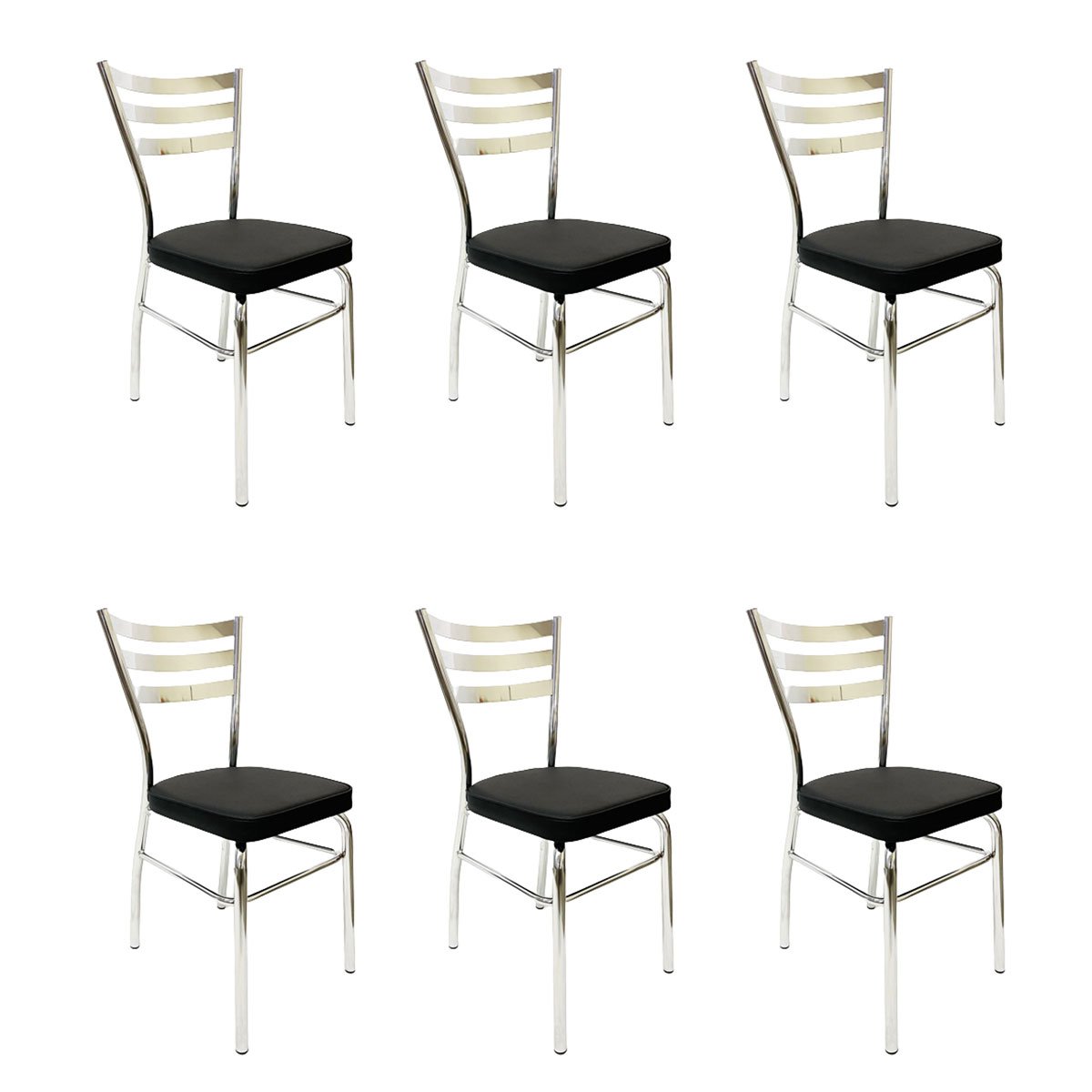 Kit 6 Cadeiras de Cozinha com Reforço Cromada Assento Grosso Preto - Poltronas do Sul