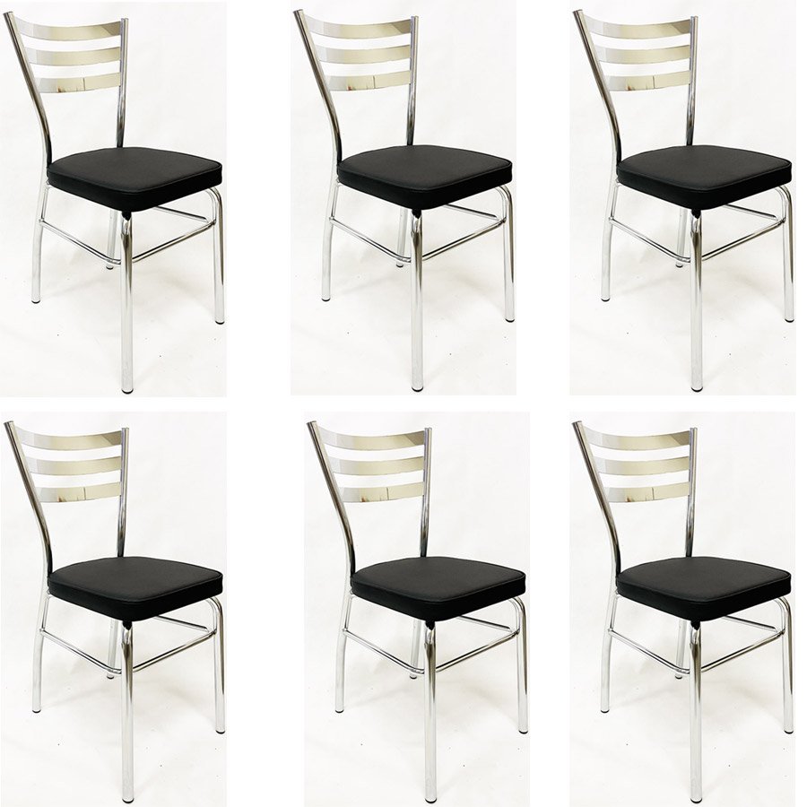 Kit 6 Cadeiras de COZINHA com reforço cromada assento grosso preto - Poltronas do Sul