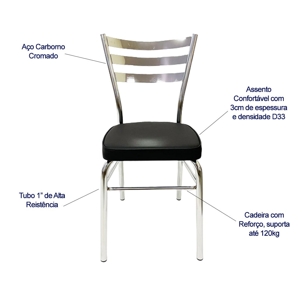 Kit 6 Cadeiras de Cozinha com Reforço Cromada Assento Grosso Preto - Poltronas do Sul - 2