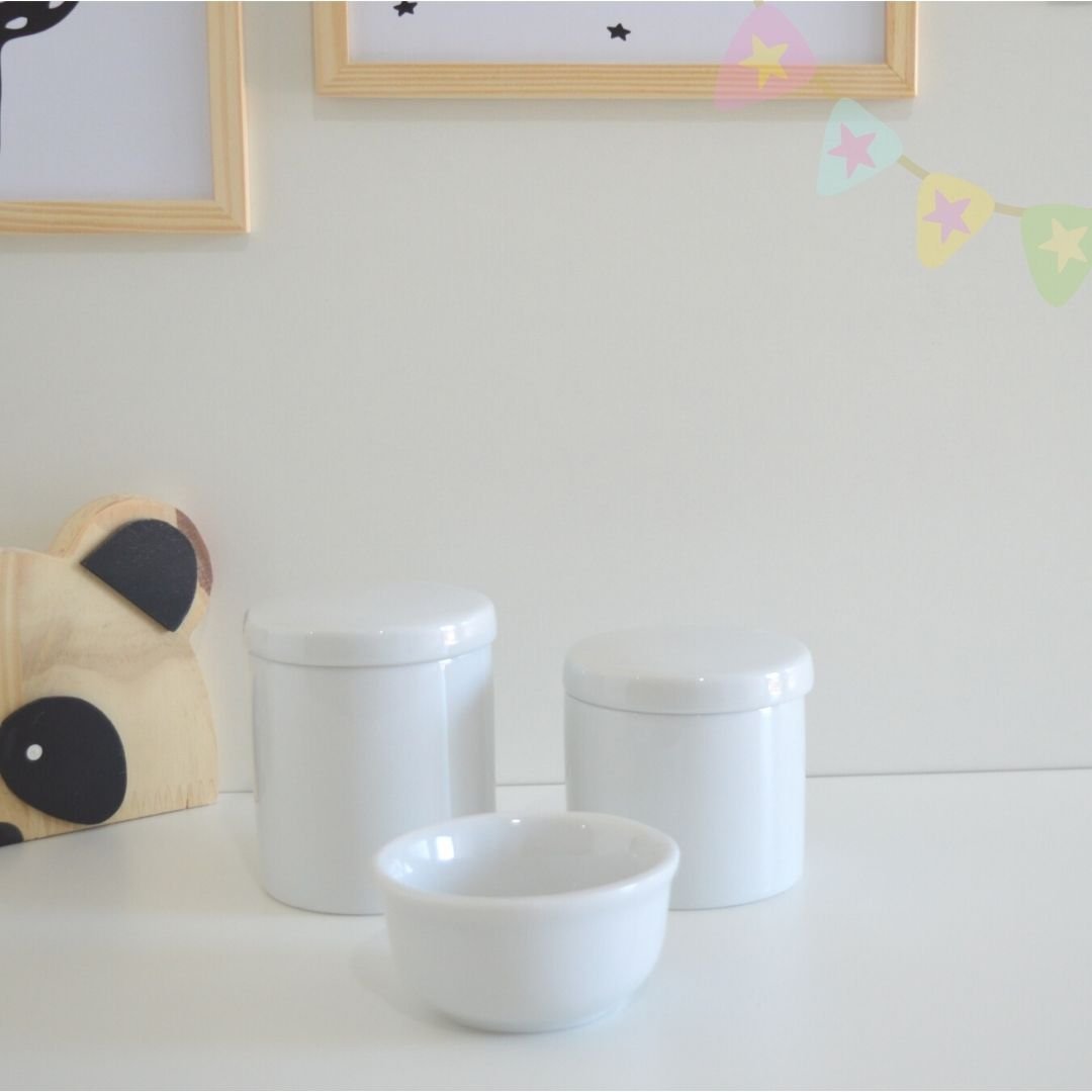 Kit Higiene Porcelana Bebê Maternida + Potes Algodão Cotonete + Molhadeira