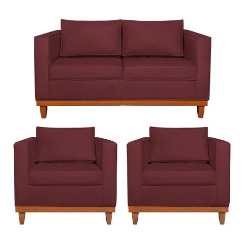 Kit Sofá 3 Lugares e 2 Poltronas Europa 180 cm Estilo Conforto e Elegância Suede Bordô - ADJ Decor