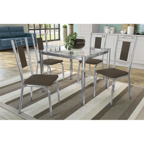 Conjunto: Mesa de Cozinha Reno C/ Tampo de Vidro 90cm + 4 Cadeiras Florença Cromado/marrom -