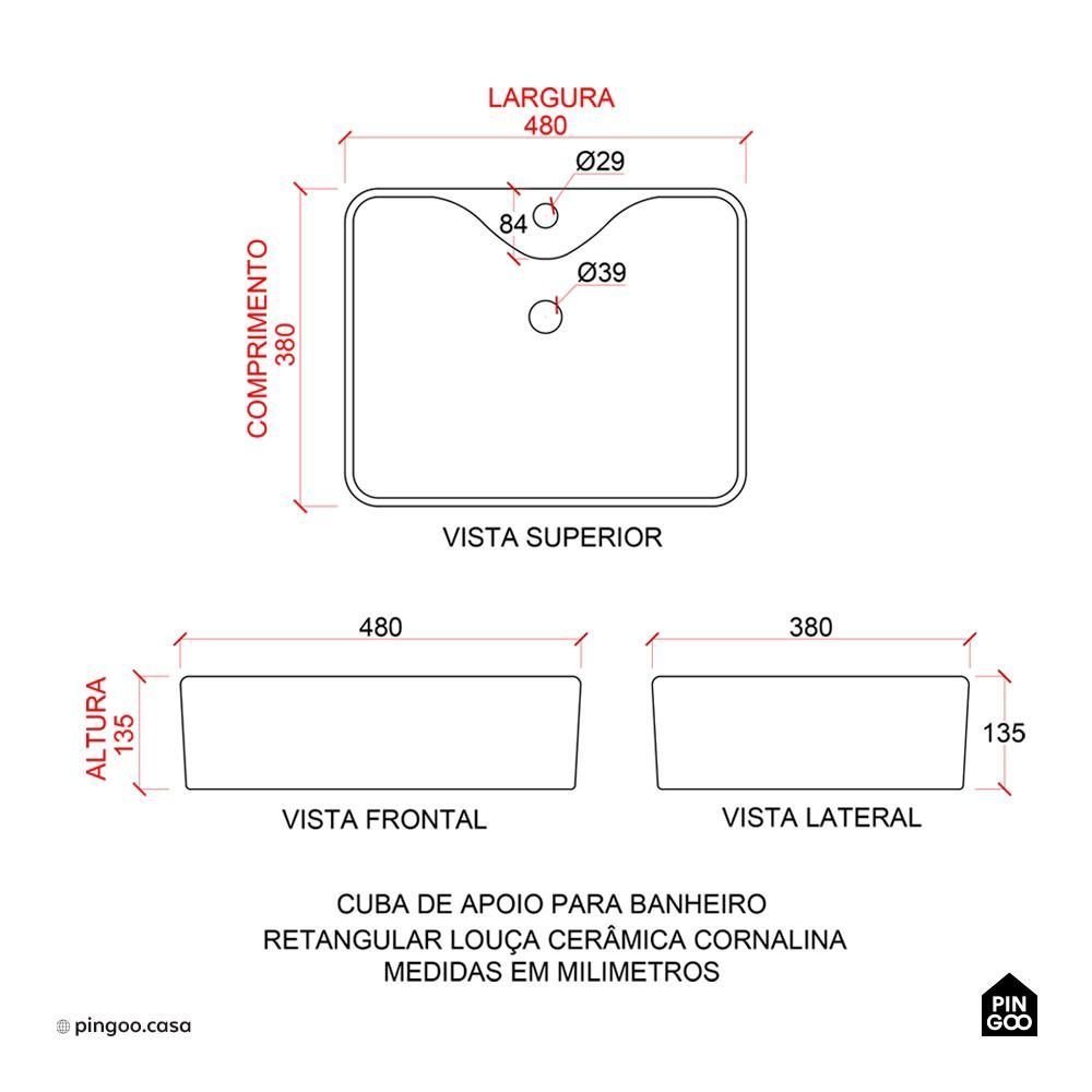 Cuba de Apoio para Banheiro Retangular Louça Cerâmica Cornalina Pingoo.casa - Branco - 8