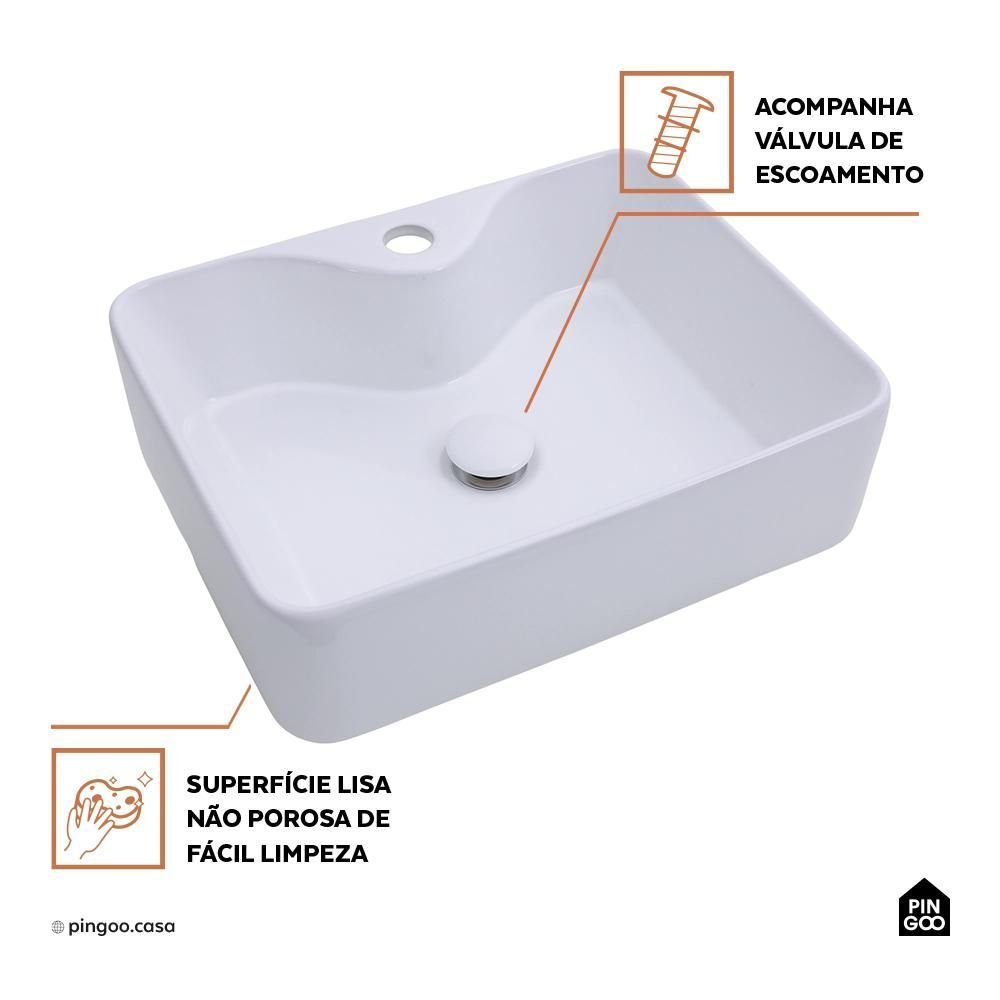 Cuba de Apoio para Banheiro Retangular Louça Cerâmica Cornalina Pingoo.casa - Branco - 4