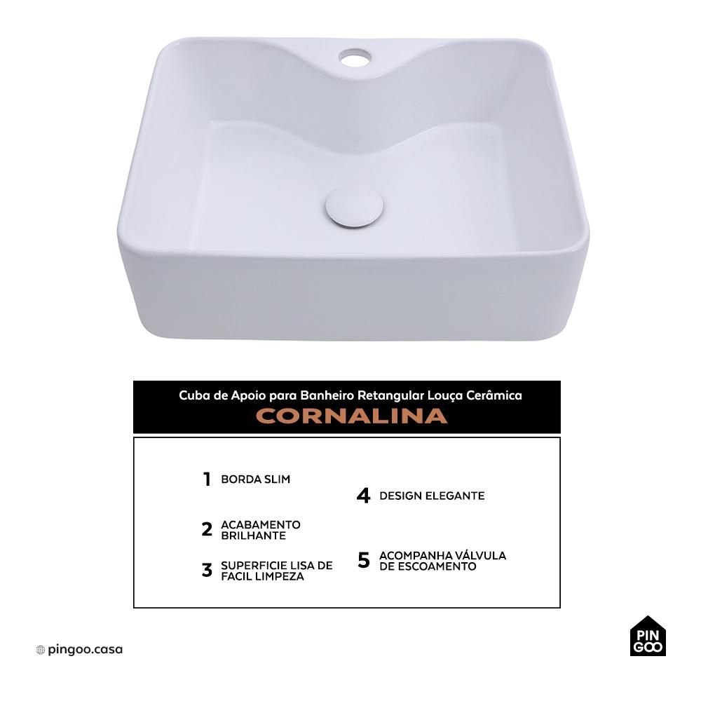 Cuba de Apoio para Banheiro Retangular Louça Cerâmica Cornalina Pingoo.casa - Branco - 2