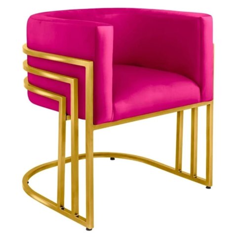 Cadeira Poltrona Luxo Base de Metal Tripla Dourado Sala de Jantar Cozinha Recepção Veludo Rosa Eli M