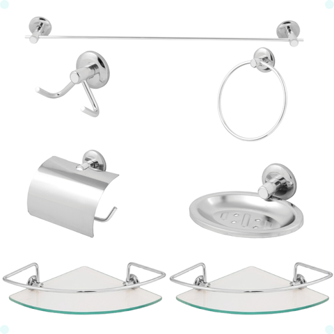 Kit Acessórios Banheiro Inox 7 Peças Lavabo Conjunto Porta Shampoo Único