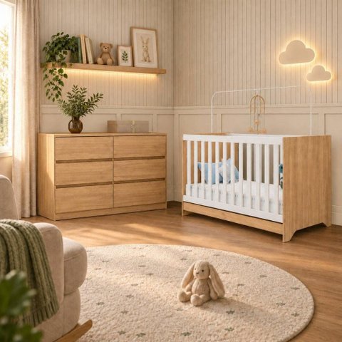 Quarto de Bebê Berço Americano 3 em 1 com Colchão e Cômoda Multimóveis MP4871 Madeirado/Branco