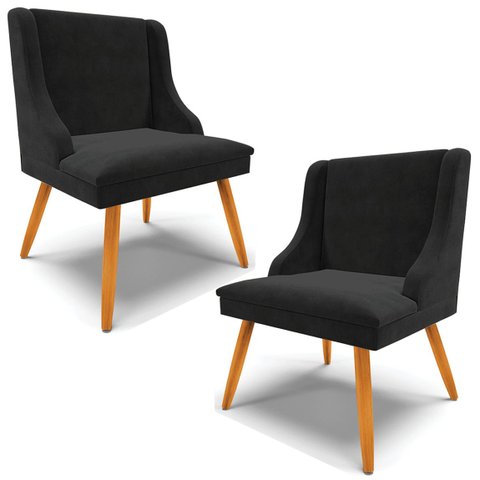 Kit 2 Cadeiras Decorativas Sala de Jantar Pés Palito de Madeira Firenze Suede Preto/Natural G19 - Gr