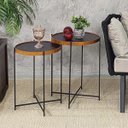 Ver imagem 2 de Conjunto Mesa Lateral Sala Estar Apoio Canto Sofá Redonda Rustico Recepção Pequena:Tampos Pretos Fer