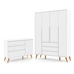 Jogo de Quarto Infantil Retrô Clean Guarda Roupa 4 Portas e Cômoda com Porta Branco Soft/Eco Wood - - 1