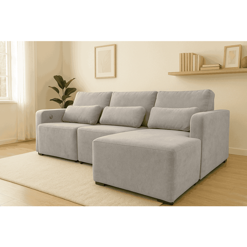 Sofá Baroni 6 Lugares 2,90m com Chaise Direito em Linho e USB