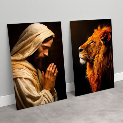 2 Quadros Decorativos Jesus e o Leão da Tribo de Judá Sala Quarto Casa Escritório