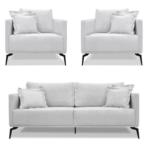 Kit 2 Poltronas E Sofá 2 Lugares 1,60m Pés Metálicos Cinza