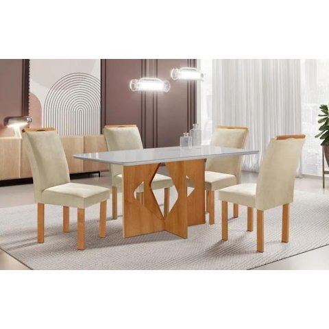 Sala de Jantar Milão Tampo Plus 120x80 com 4 Cadeiras Londres Cel Móveis - Cinamomo/Off
