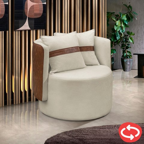 Poltrona Orgânica Base Giratória Maya Corino Nozes e Boucle Bege Redonda Decorativa - Arkell