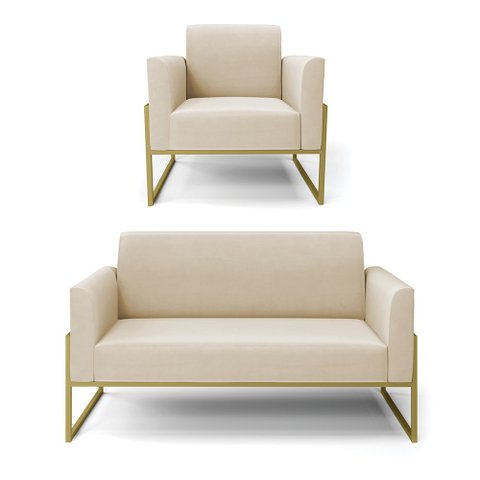 Sofá Namoradeira com Poltrona Base Industrial Alta Dourado Marisa Suede Bege D03 - D’Rossi