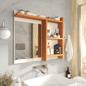 Espelheira de Banheiro Armarinho Organizador com Prateleira Nicho Nioki - Off White com Nature