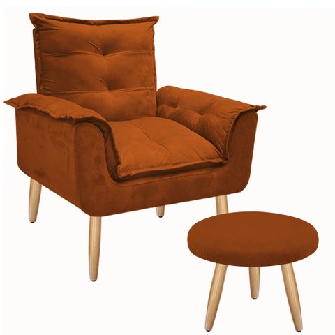 Poltrona Opala Maria Cadeira Decorativa + Puff Redondo Pés Palito Mercado Dos Móveis:terra Cota