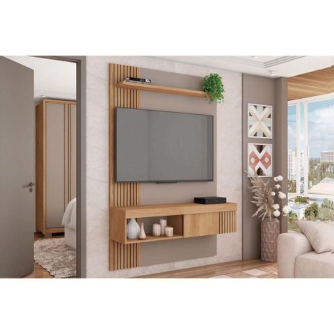 Painel Quarto P/ Tv até 45 Pol Jade Ripada 120x183cm Buriti/fendi - Caemmun