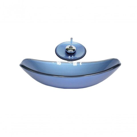 Cuba de Vidro Oval 46cm Azul + Valvula + Torneira Cascata