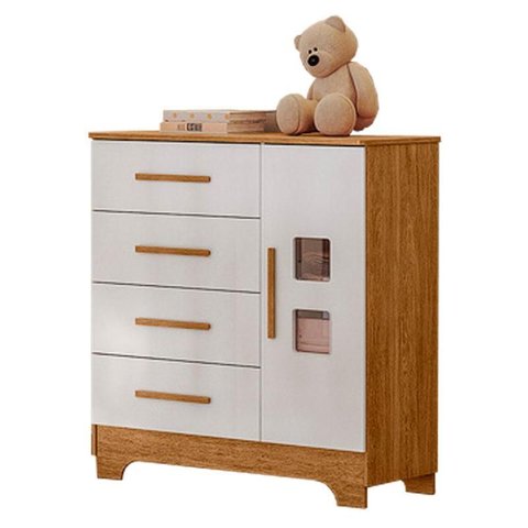 Cômoda 4 Gavetas e 1 Porta Fly com Branco Amadeirado - Tigus Baby