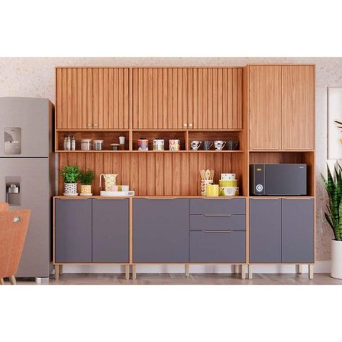 Kit Cozinha Modulada 7 Peças (2aéreos+2balcões+1paneleiro+2complementos) Cz011 Freijo/titanium -