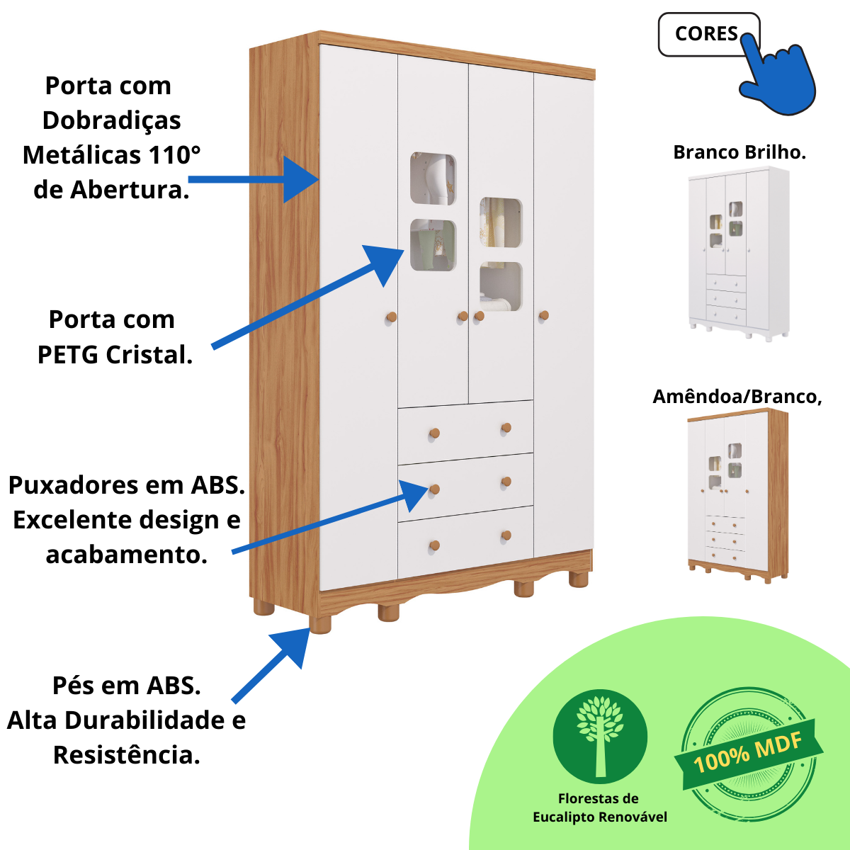 Quarto de Bebê Completo Guarda Roupa Uli 4 Portas Berço Mini Cama Cloe 2 em 1 Cômoda Uli 100% Mdf - 8