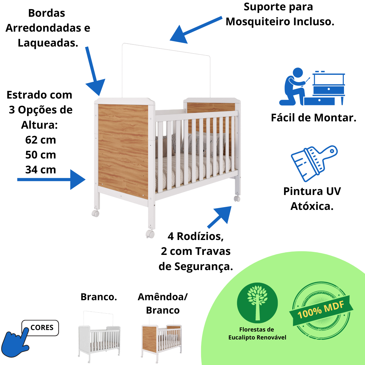 Quarto de Bebê Completo Guarda Roupa Uli 4 Portas Berço Mini Cama Cloe 2 em 1 Cômoda Uli 100% Mdf - 3