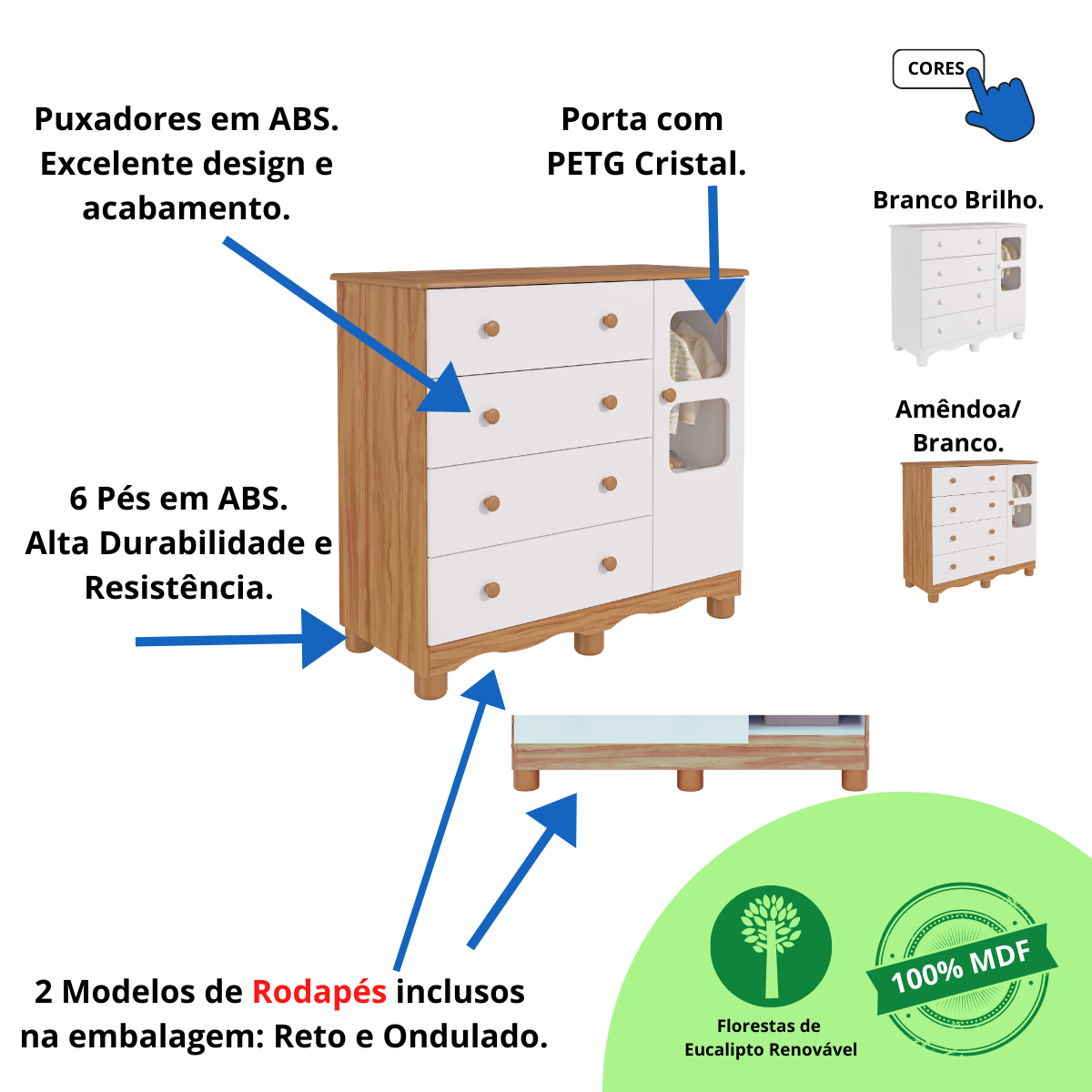 Quarto de Bebê Completo Guarda Roupa Uli 4 Portas Berço Mini Cama Cloe 2 em 1 Cômoda Uli 100% Mdf - 5