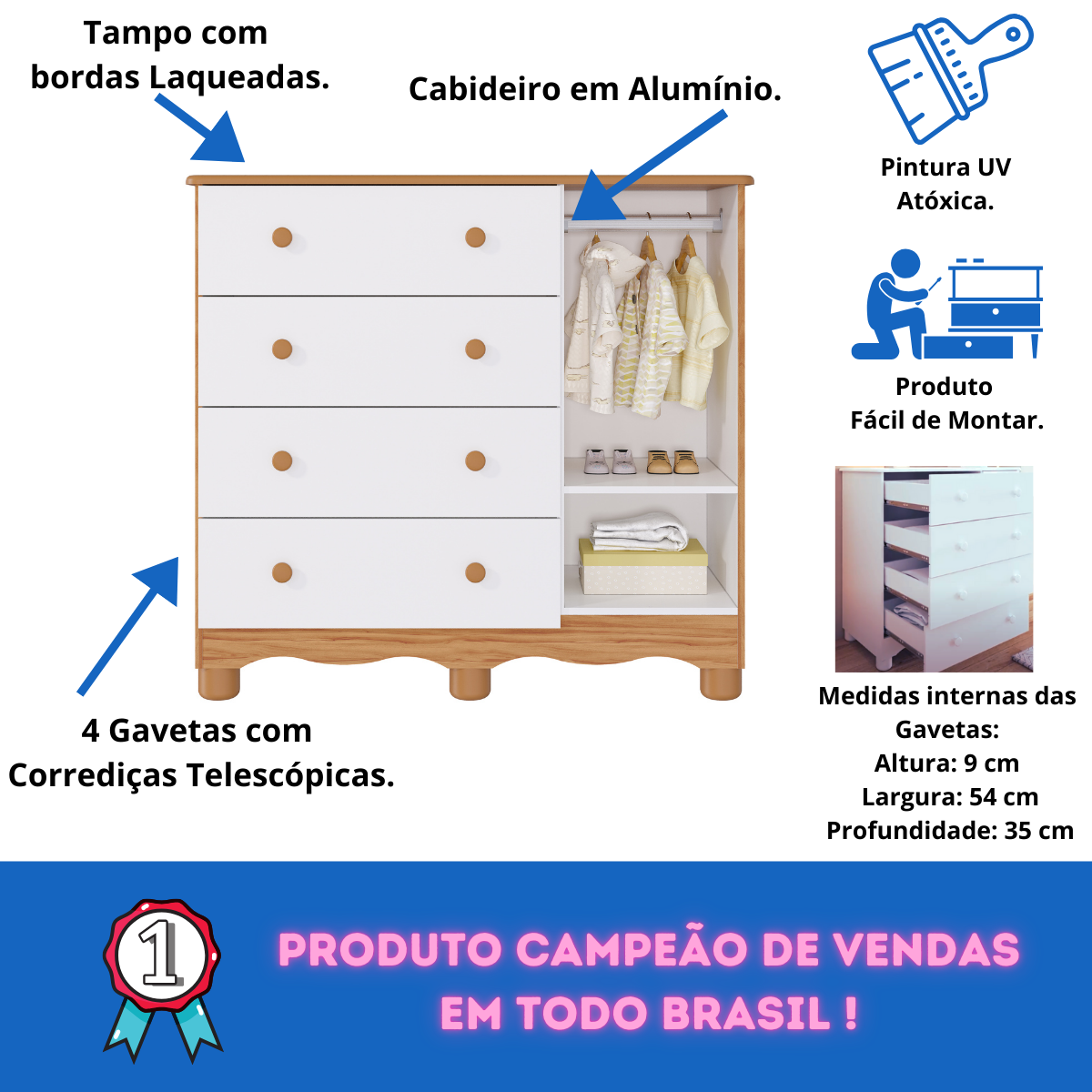 Quarto de Bebê Completo Guarda Roupa Uli 4 Portas Berço Mini Cama Cloe 2 em 1 Cômoda Uli 100% Mdf - 6