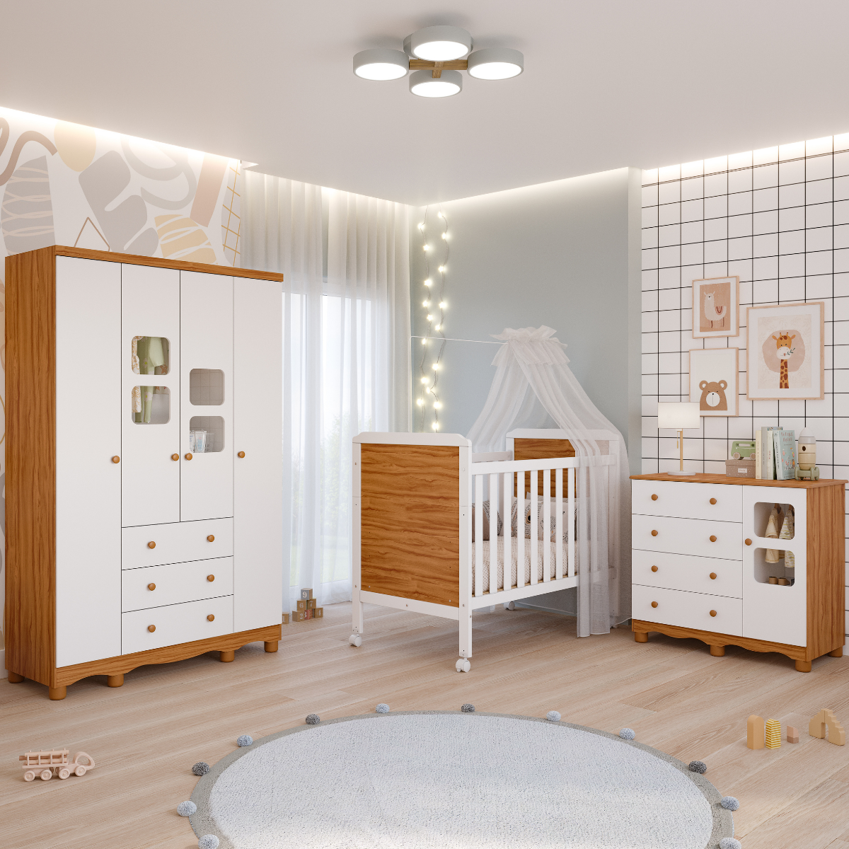 Quarto de Bebê Completo Guarda Roupa Uli 4 Portas Berço Mini Cama Cloe 2 em 1 Cômoda Uli 100% Mdf