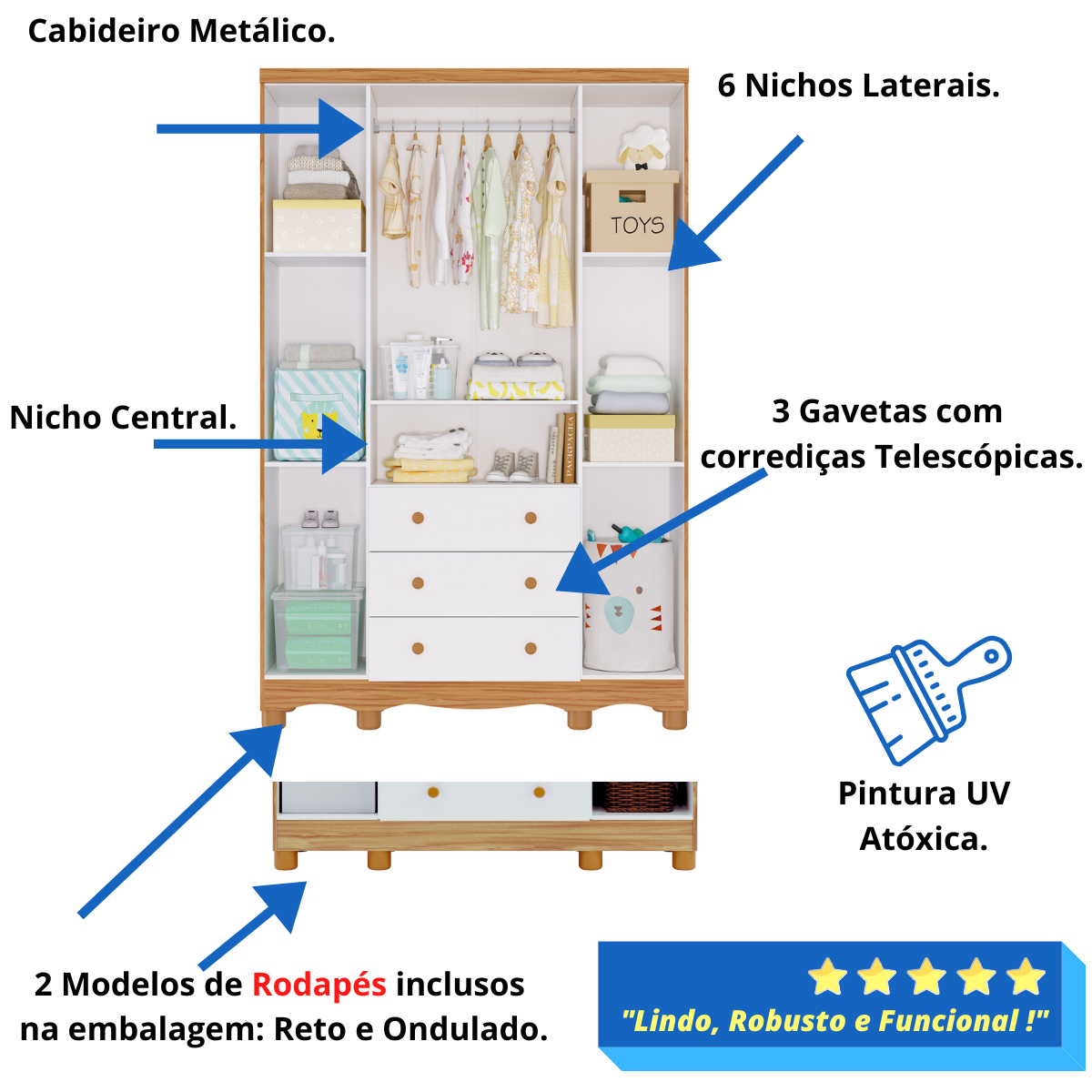 Quarto de Bebê Completo Guarda Roupa Uli 4 Portas Berço Mini Cama Cloe 2 em 1 Cômoda Uli 100% Mdf - 9