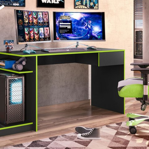 Mesa Gamer / Computador Rubi com 01 Gaveta Preto Fosco/verde - Ninho Decor