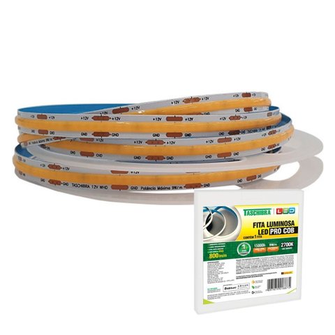 Fita Led Pro Cob 9w Taschibra 320 Leds por Metro 5m 12v Ip20 Luz Amarela