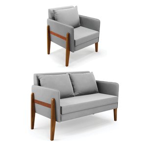 Kit 1 Sofá Namoradeira e 1 Poltrona Lana Suede Base de Madeira - D'Rossi DRossi Cinza