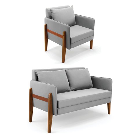 Kit 1 Sofá Namoradeira e 1 Poltrona Lana Suede Base de Madeira - D’Rossi Cinza