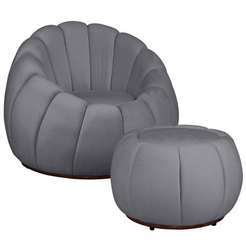 Kit Poltrona Base Giratória e Puff Concha Decorativo Veludo Cor:cinza