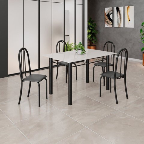 Conjunto de Mesa Tubular 120cm x 75cm Tampo em Vidro com 4 Cadeiras Iris B Preto/Off White