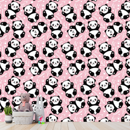 Papel de Parede Adesivo Desenho Panda com Fundo Rosa 3m - 3