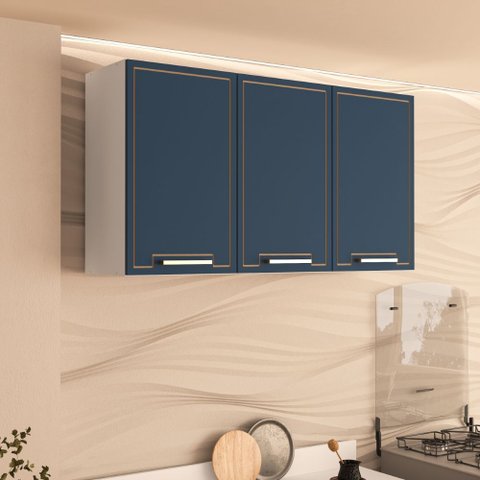 Armário Aéreo 120cm 3 Portas Amara Branco Azul Politorno Móveis