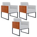 Ver imagem 1 de Kit 3 Poltronas Decorativas Sala Base Fixa Metal Helô L02 Linho Cinza Couríssimo Camel - Lyam