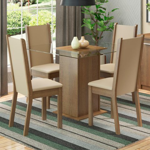 Conjunto Sala de Jantar Madesa Aline Mesa Tampo de Vidro 4 Cadeiras - Rustic/crema/sintético Bege
