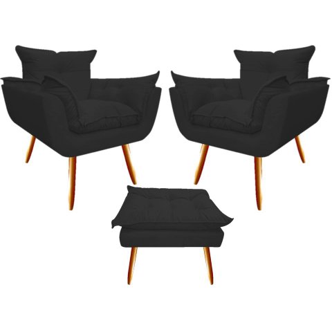 Kit 2 Poltronas + Puff Decorativo Opala Suede Preto Pés Madeira Mz Decor